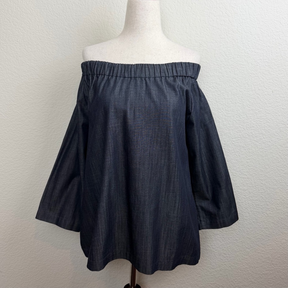ANN MASHBURN Dark Blue Off-Shoulder Smocked Top Size Medium